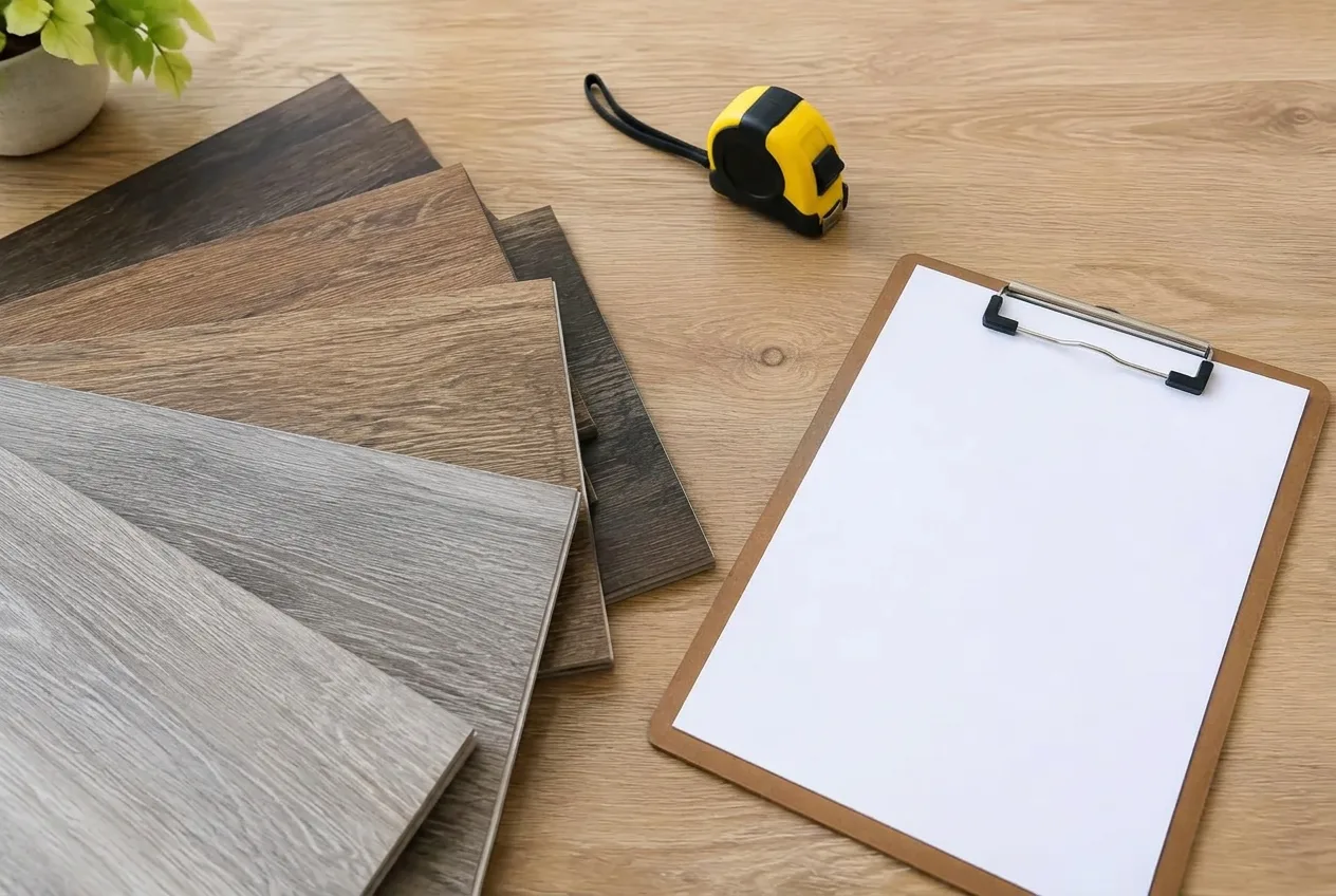 Wood-look vinyl plank samples, a tape measure and a blank clipboard on a light wooden table