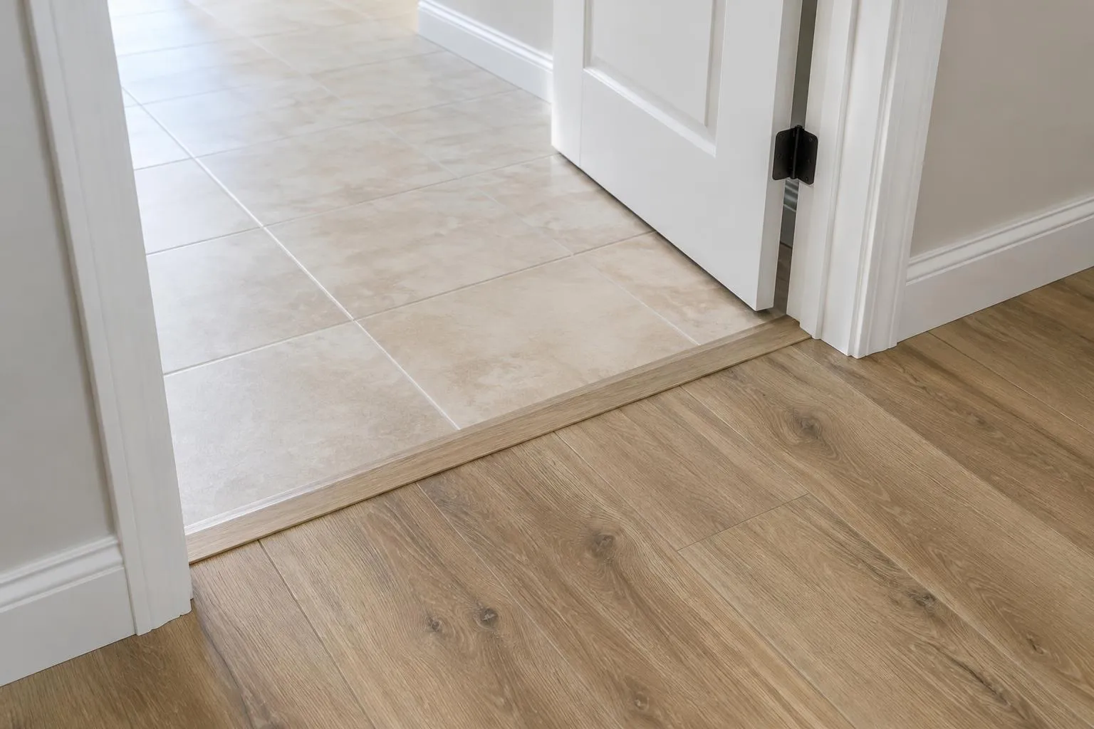 Doorway where beige tile meets oak-look plank flooring with a neat low-profile transition strip