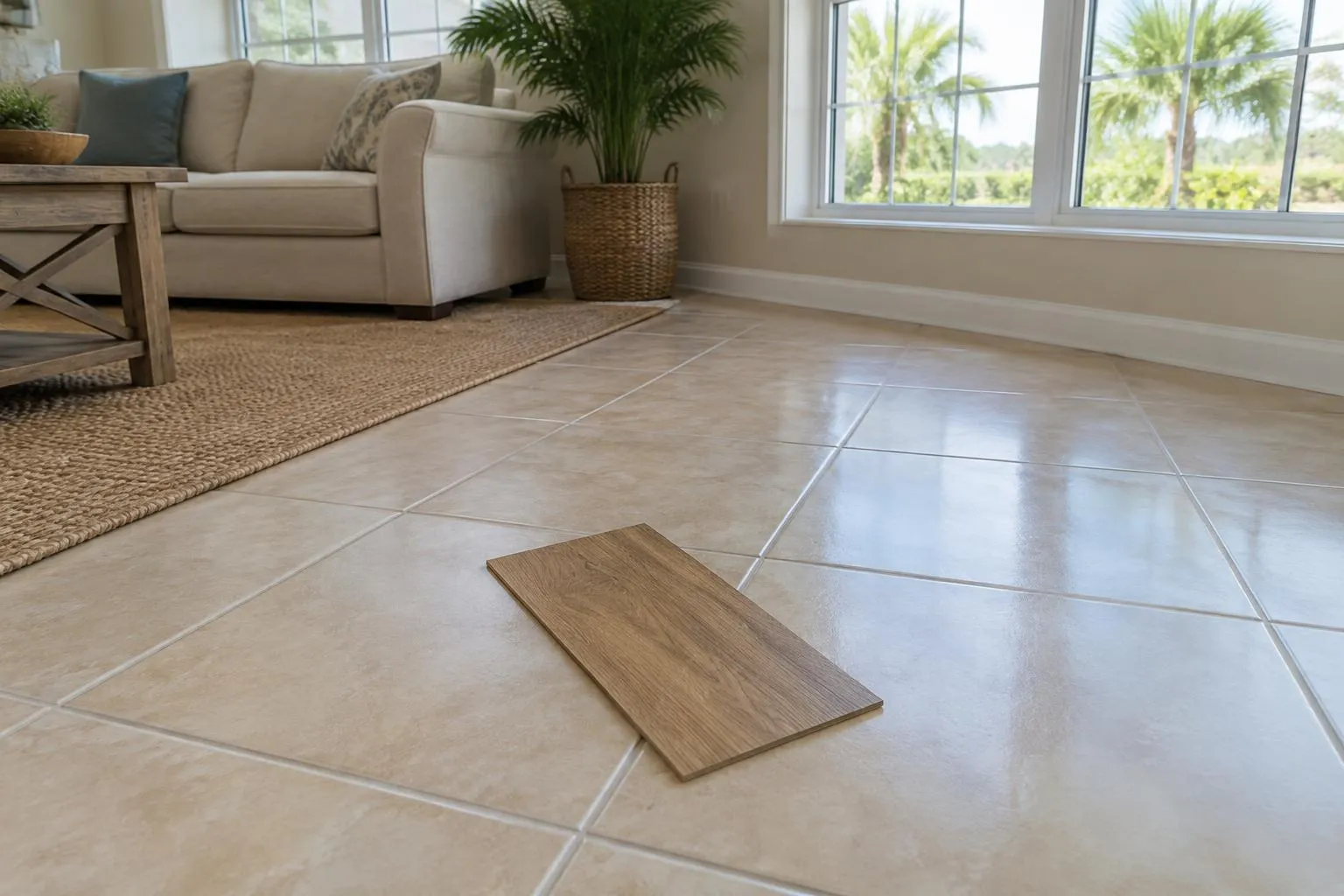 Beige ceramic tile floor in a bright living room with a loose oak-look vinyl plank sample resting on it