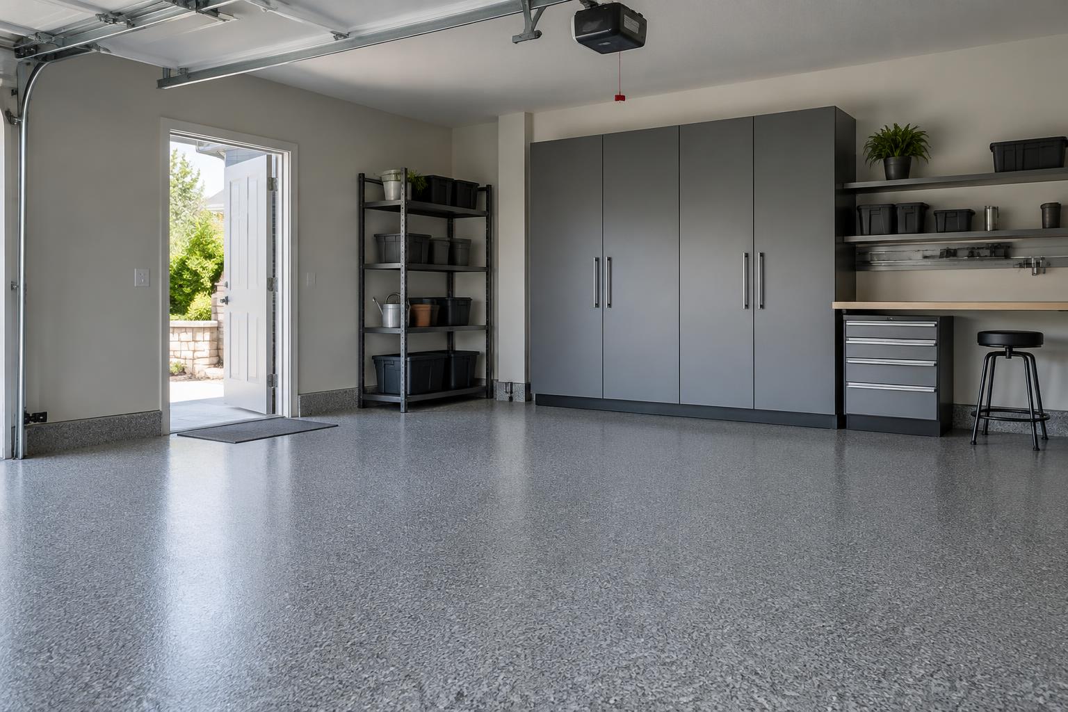 Illustrative residential garage with a consistent gray flake coating, modest organized storage, and natural daylight