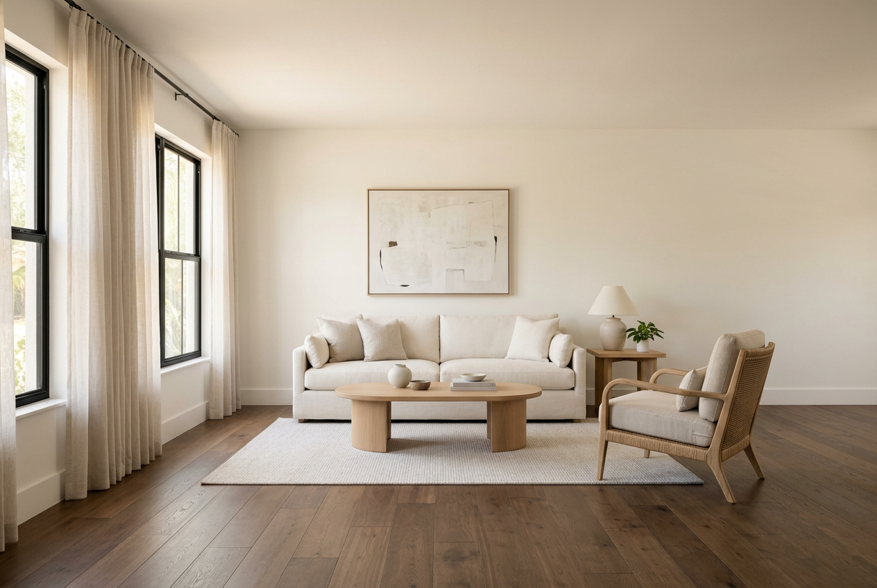 Illustrative residential sitting room with warm wood-look flooring, clean white trim, neutral furnishings, and natural daylight