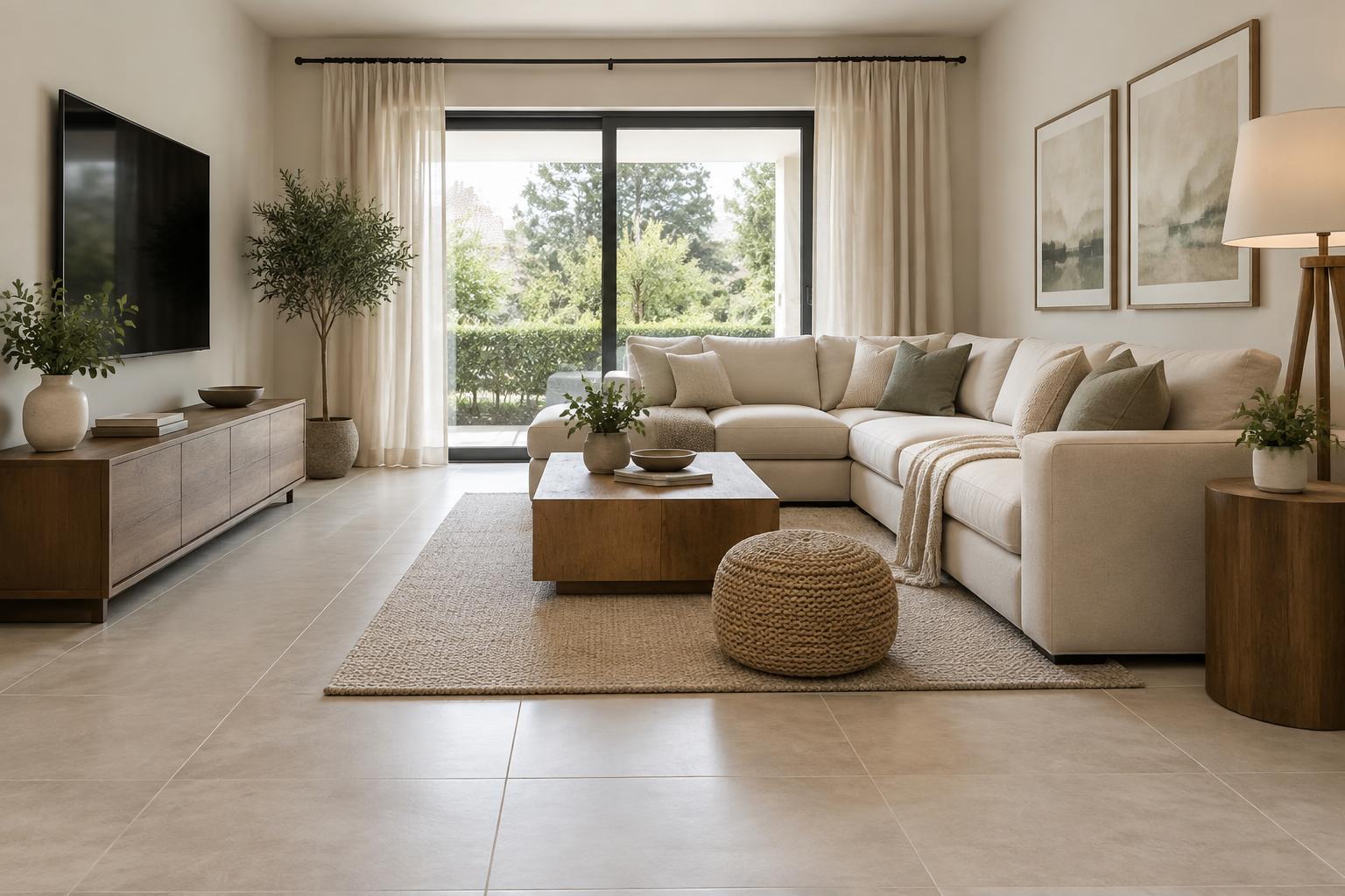 Illustrative residential living room with light porcelain flooring, visible grout lines, neutral furnishings, and natural daylight