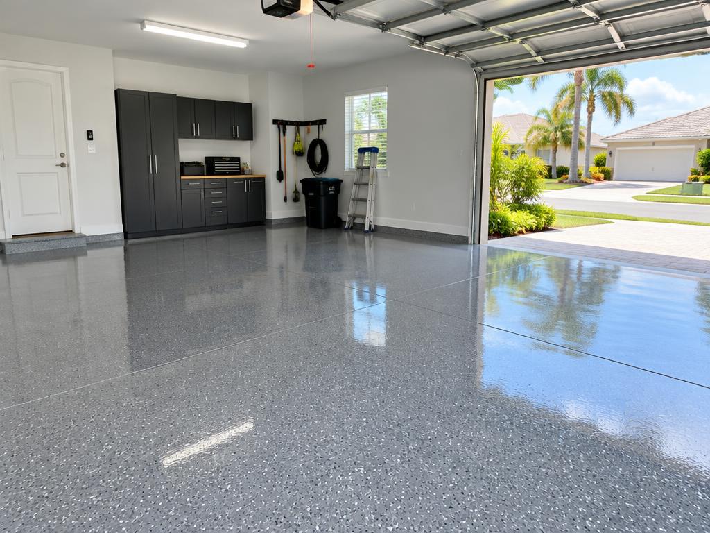 Residential garage with a glossy grey flake epoxy floor (illustrative image)