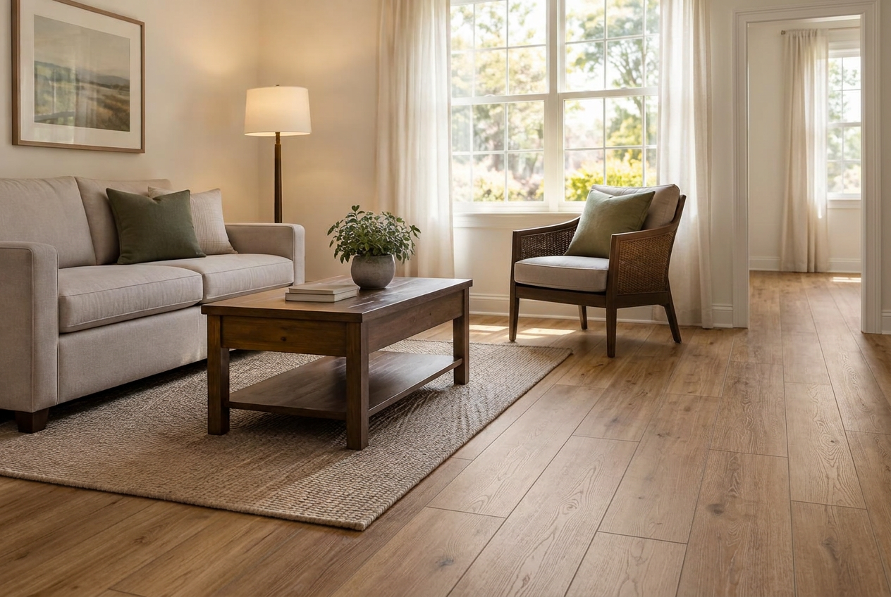 Illustrative living room with warm wood-look plank flooring continuing through a doorway into an adjoining room