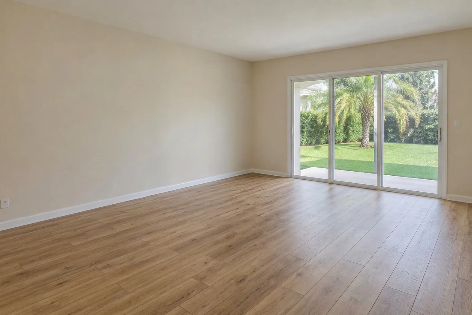 Proposed LVP concept: warm oak-look planks in a cream-walled Florida living room with sliding glass doors.