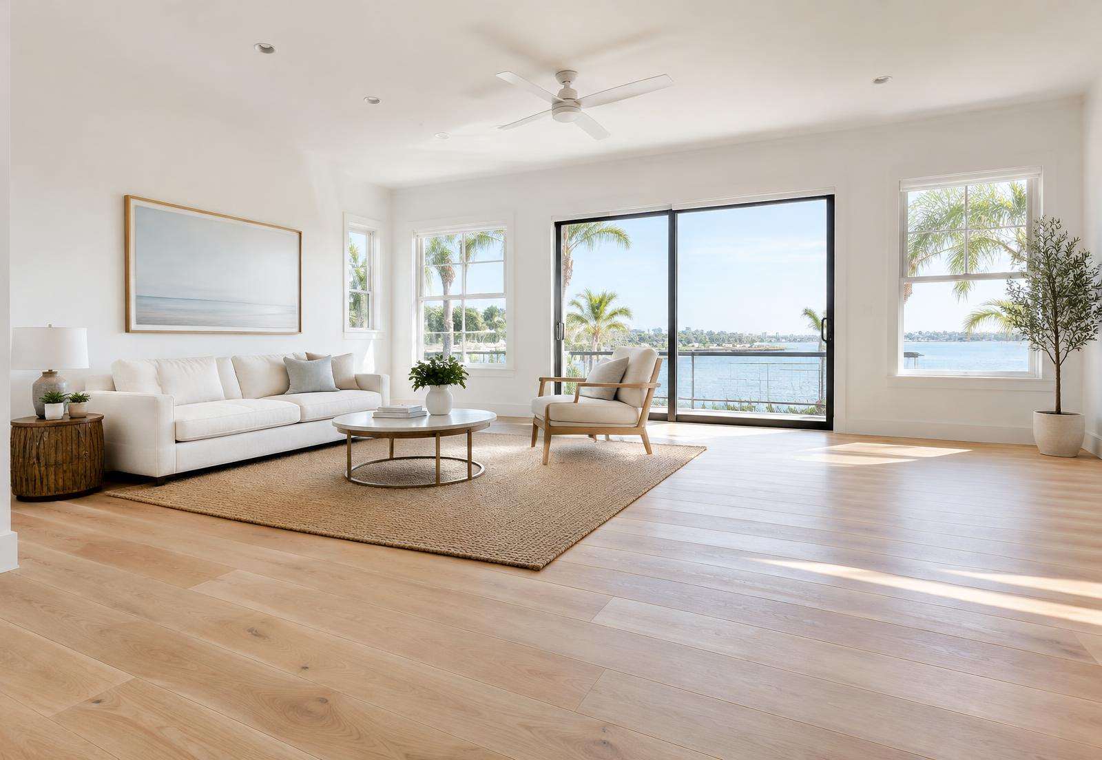 Bright living room with wide light-oak plank flooring (illustrative image)