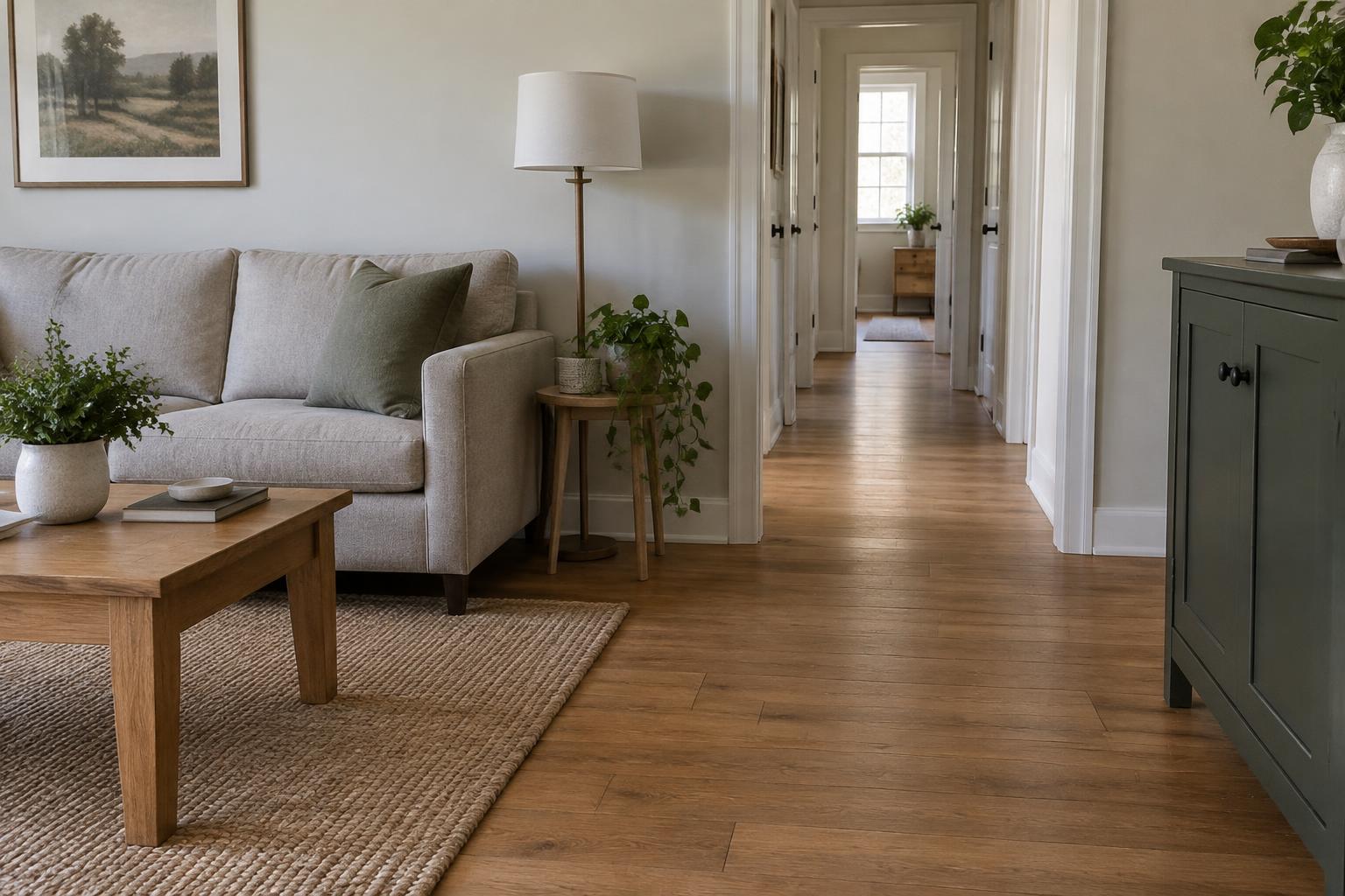 Illustrative residential living room connecting to a hallway with warm wood-look flooring, white baseboards, and neutral furnishings